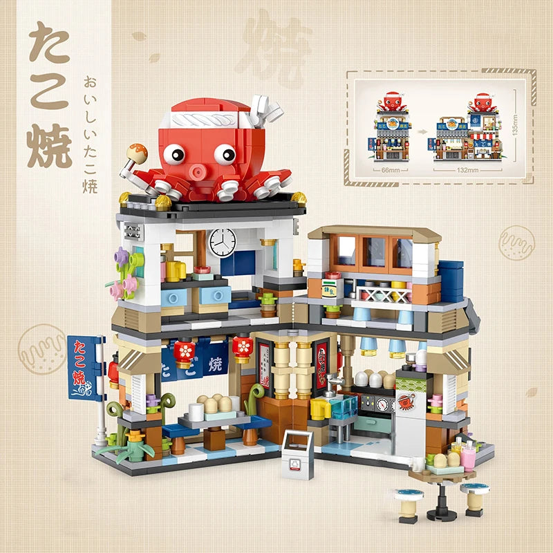 Street View Mini Building Blocks Gift Set – Izakaya Shaved Ice Shop, Takoyaki Shop, Coffee Shop and Panda Tea House