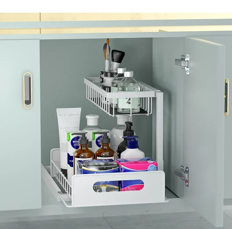 2 Tier Under Sink Organizers with Sliding Drawer for Bathroom and Kitchen Storage