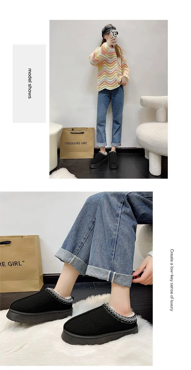 Women's Wool Slippers Warm Sheepskin Platform Shoes 2024