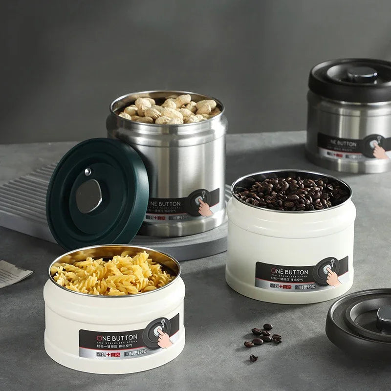 Coffee Bean Vacuum Sealed Canister 304 Stainless Steel Press Type Storage for Grains Tea and Nuts Kitchen Crisper Box