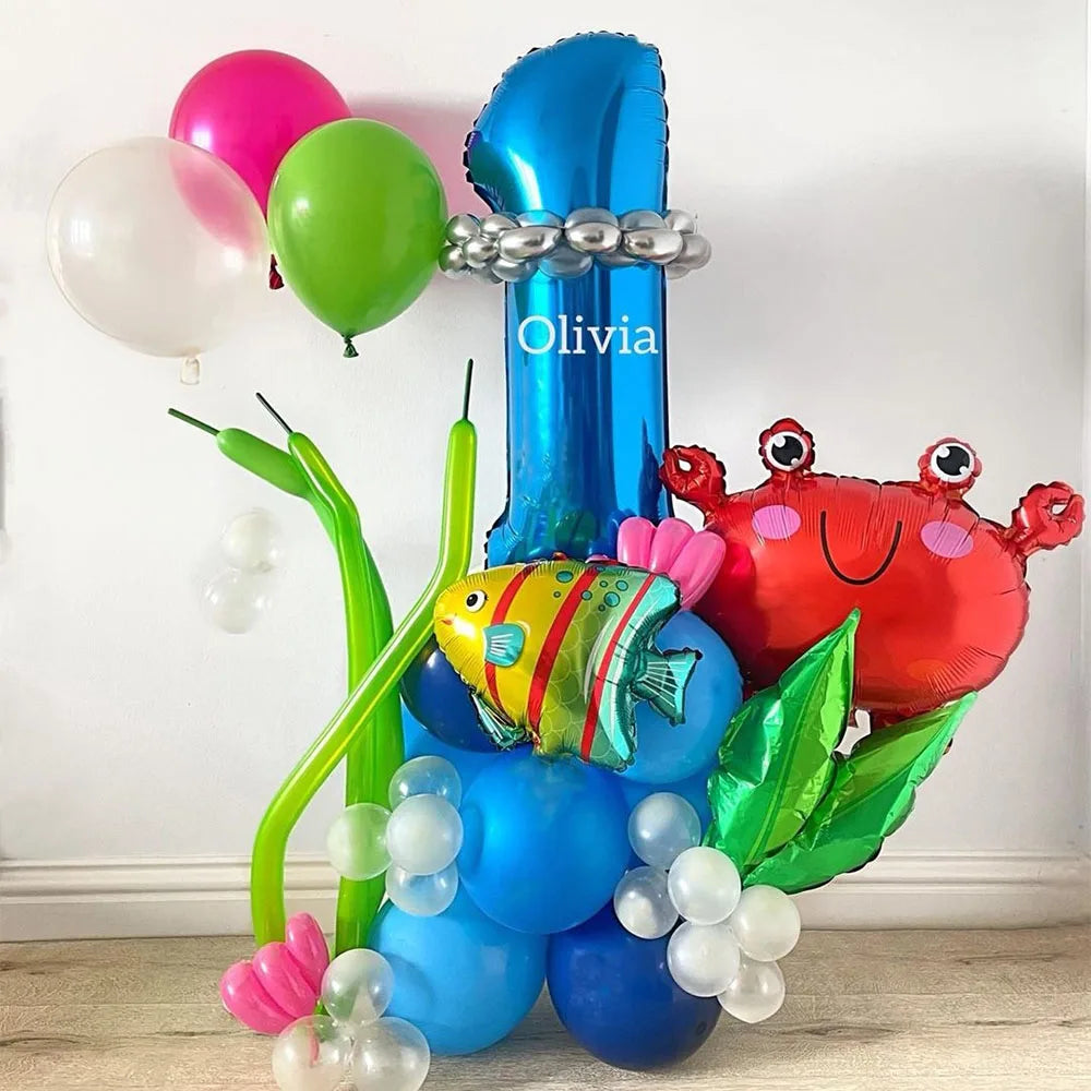 4th Birthday Sea Animal Decoration Blue Foil Balloon 32inch