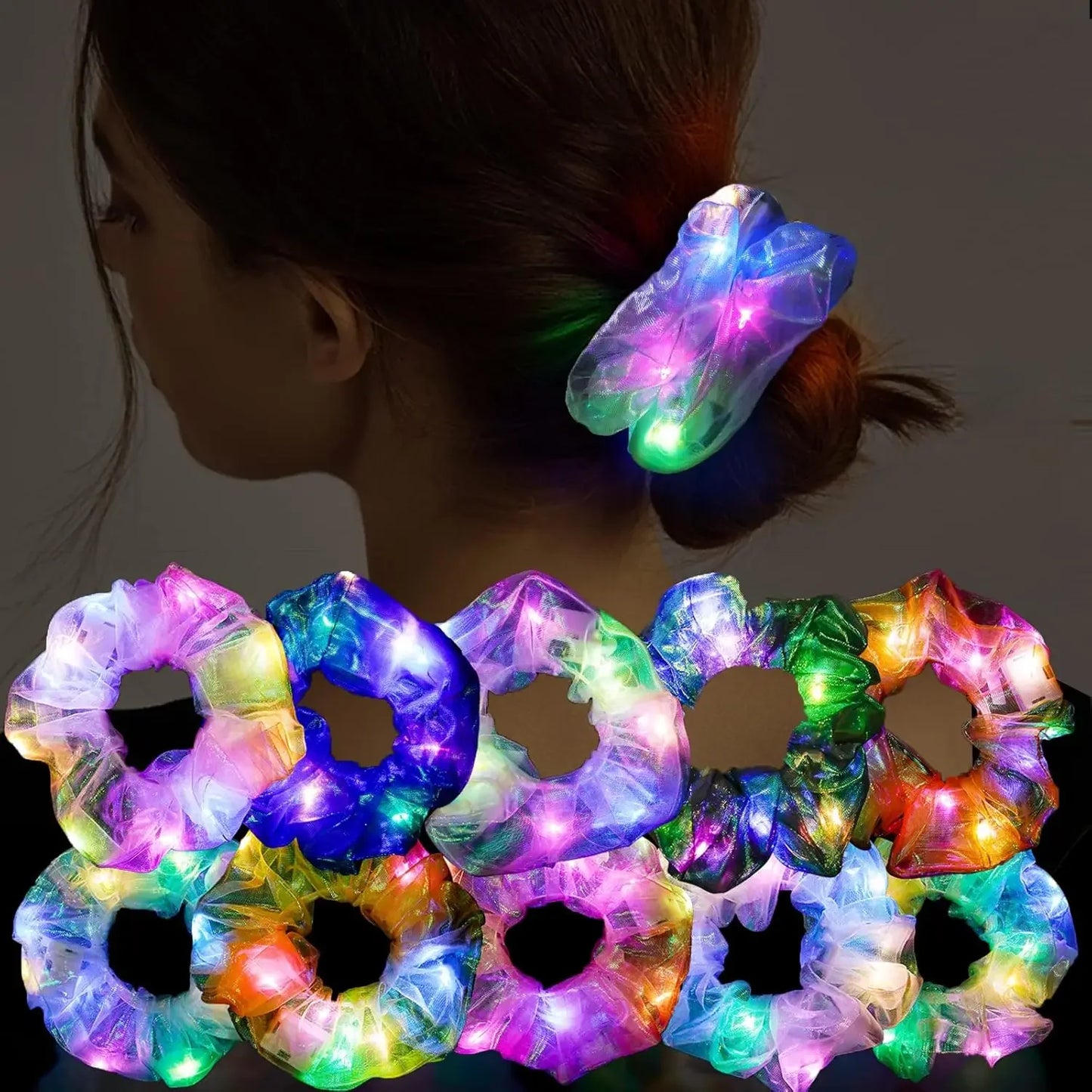 10 Pack LED Glow Hair Scrunchies Light Up Elastic Hairbands for Neon Parties and Celebrations