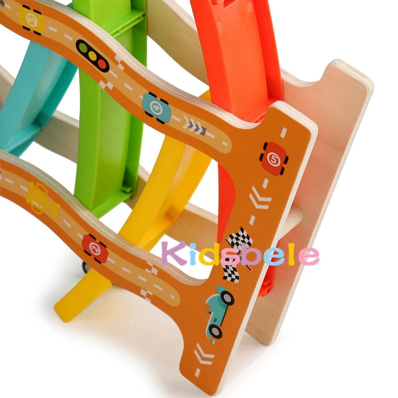 Kids Four-Layer Wooden Gliders Montessori Inertia Track Car Toy Set Animal and Traffic Themes Early Learning Birthday Gift