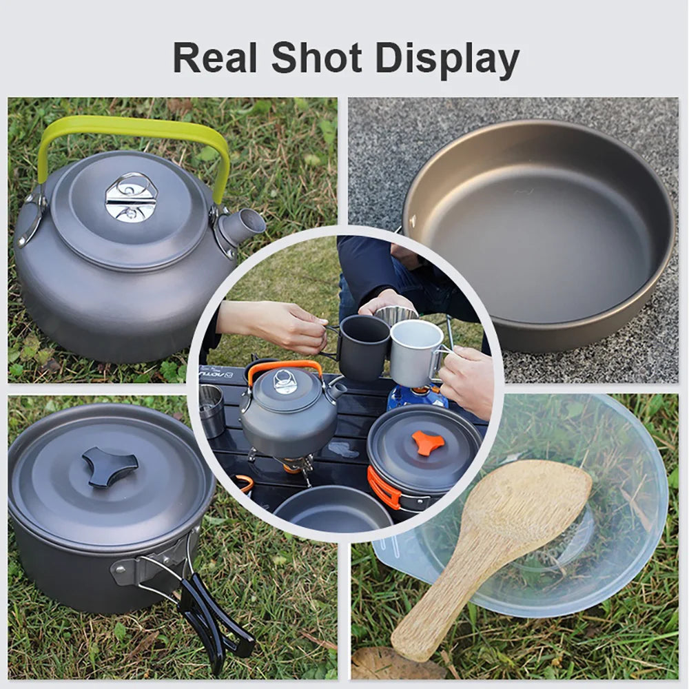 Camping Cookware Set for 2 to 3 People with Non-Stick Pots and Teapot Kit