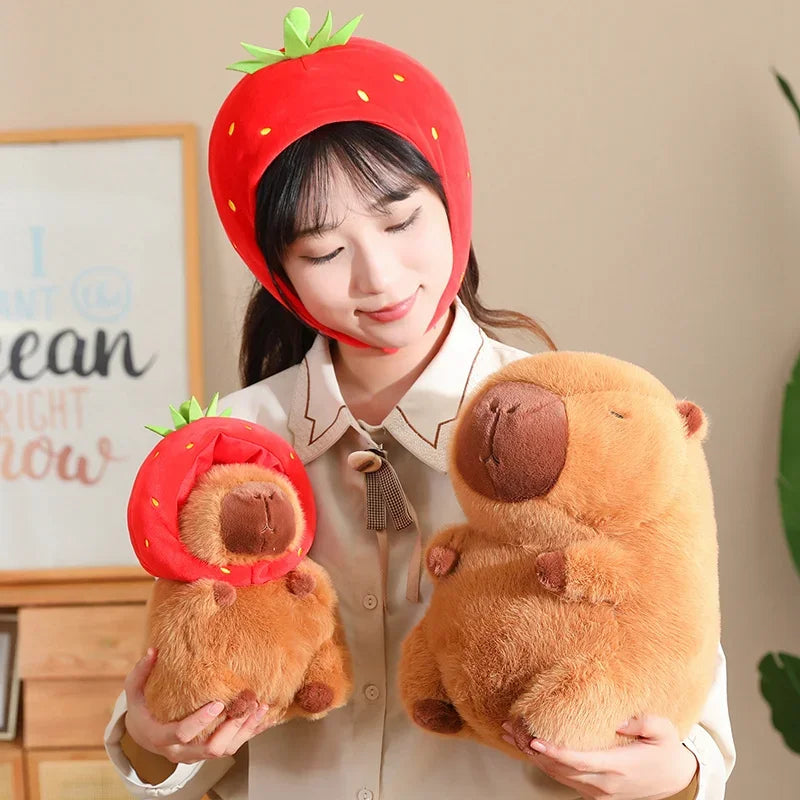 Strawberry Hat Capybara Plush Toy with Turtle Backpack Pendant