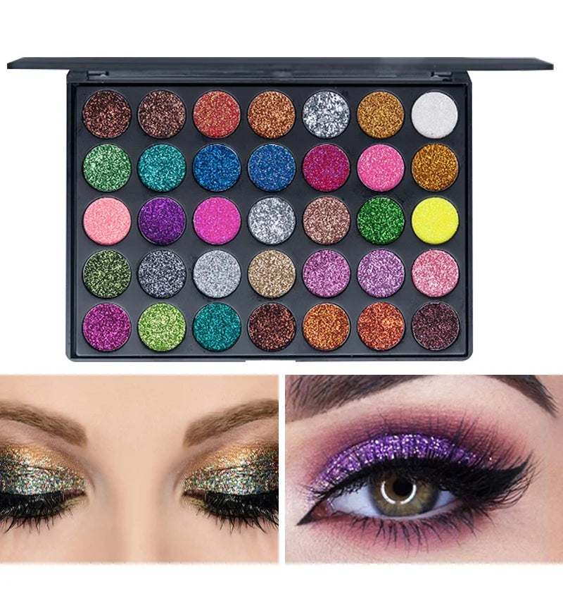 35 Color Diamond Sequin Eyeshadow Palette High Pigment Shimmer Glitter and Satin Long Lasting Waterproof Makeup