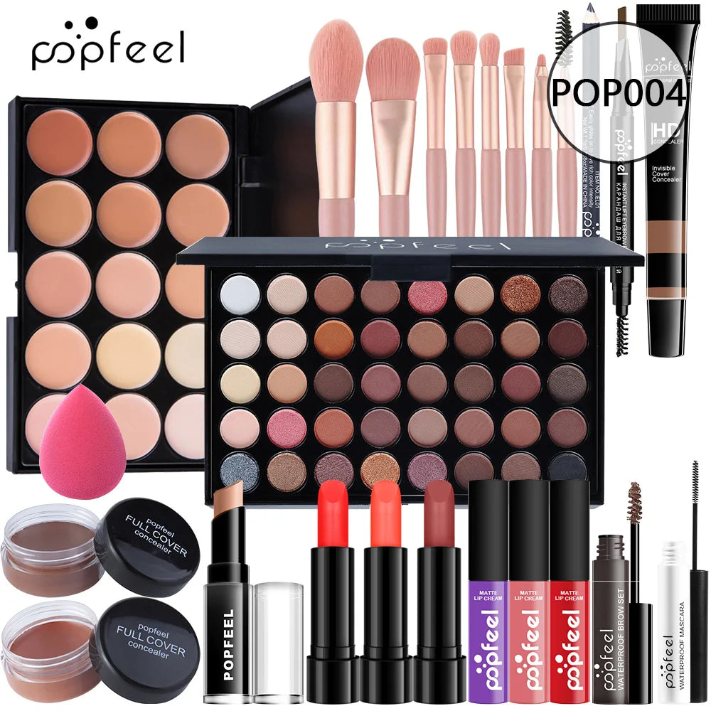 Popfeel All in One Makeup Kit Gift Set with Eyeshadow Palette Foundation Lip Gloss Blush Brushes and Eyeliner Essential Beauty Collection