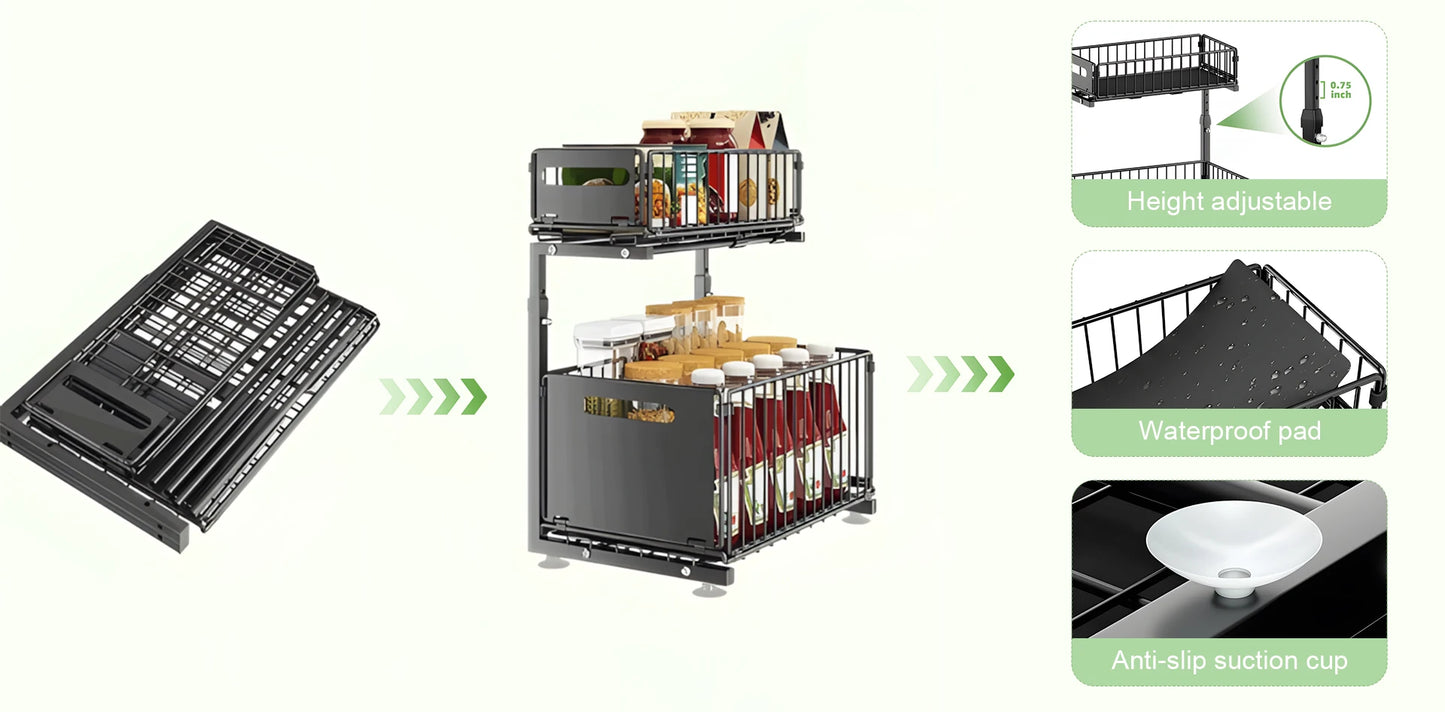 2 Tier Pull Out Cabinet Organizer Adjustable Kitchen Storage Rack