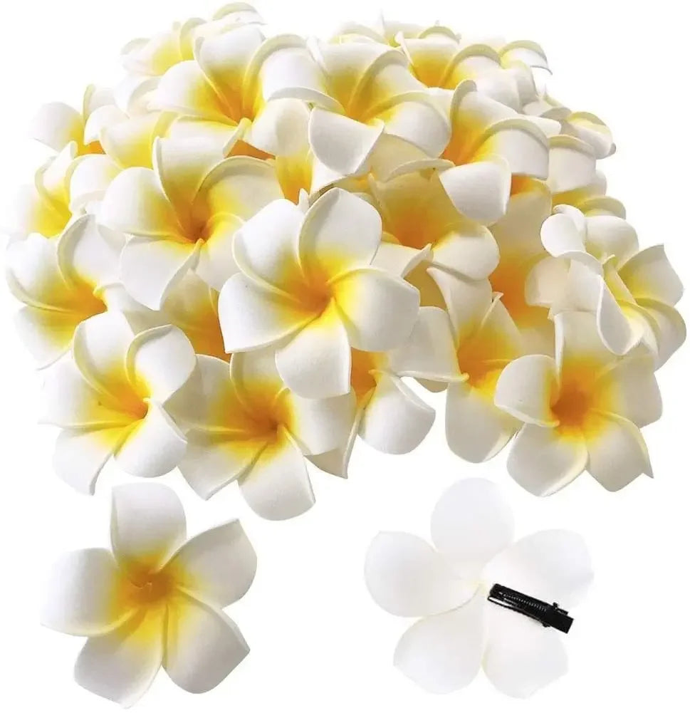 50Pcs 2.4 Inch White Foam Hawaiian Frangipani Artificial Plumeria Flower Hair Clips for Tropical Home Decor and Beach Party Decorations