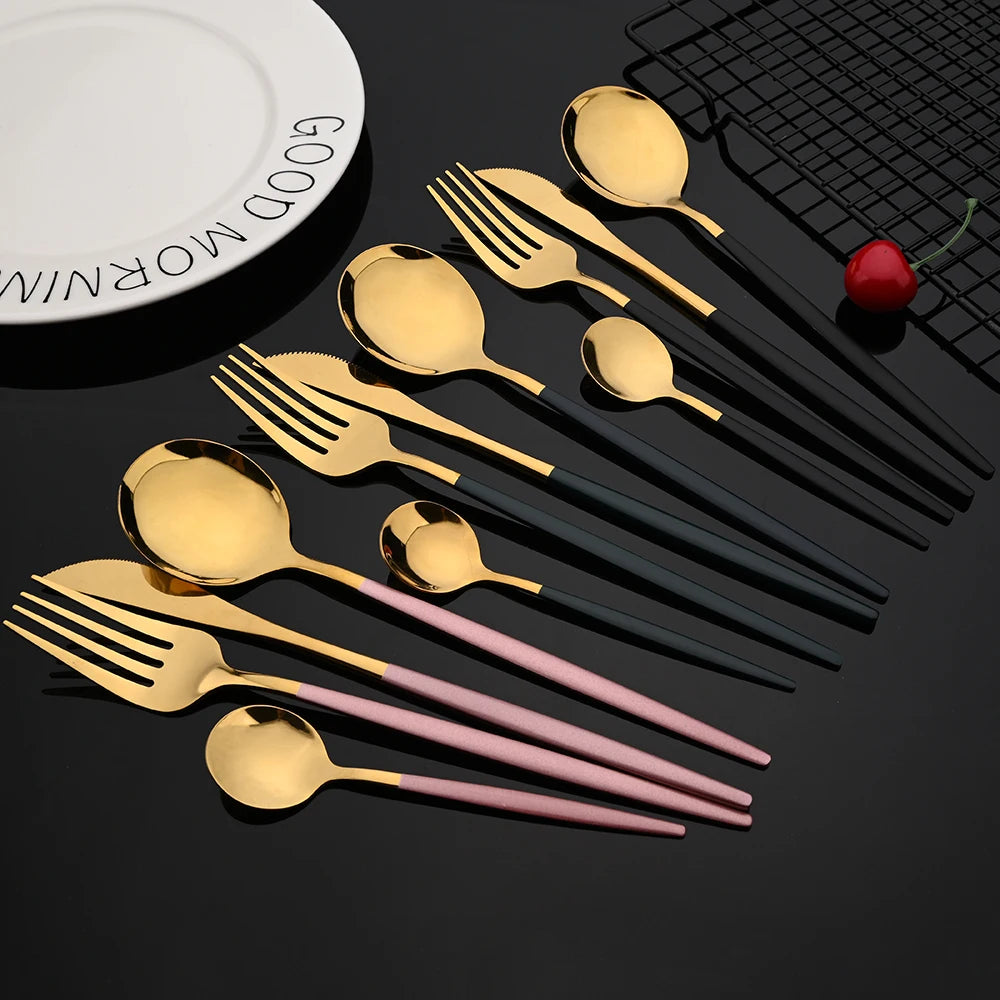 30 Piece Black and Gold Stainless Steel Cutlery Set Durable Dinnerware with Knives Forks and Spoons