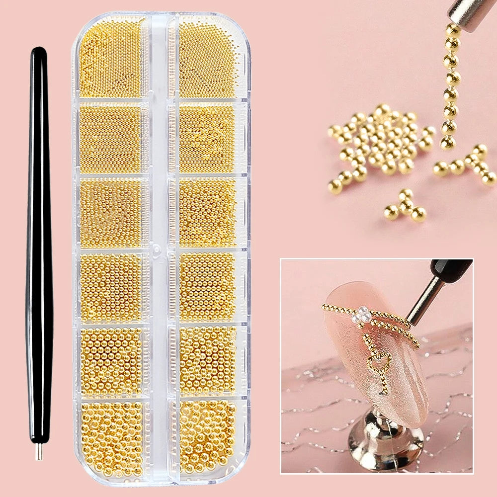 12 Grids Mini Caviar Beads Nail Art Charms With Magnetic Pen