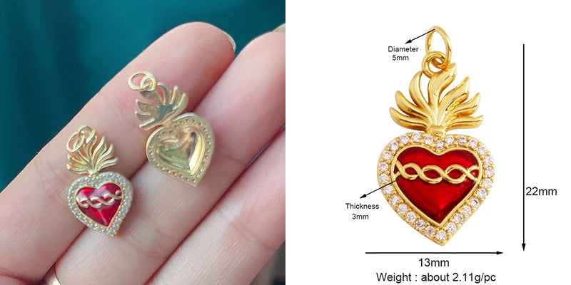 New Sacred Red Heart Charm Pendant 18K Gold Plated Zircon