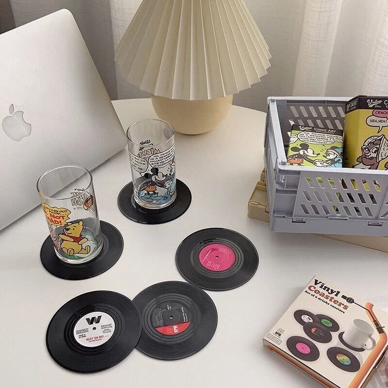 Retro Vinyl Record Coasters Set - Heat Resistant Anti Slip Drink Mats for Home Decor - Available in 6 4 2 Pieces