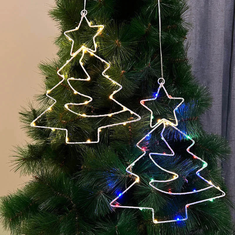Xmas Tree Iron Frame LED Light String Window Hanging Ornament for 2024 Christmas and 2025 New Year Home Decoration