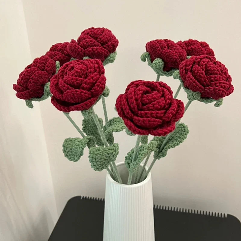 1PC Romantic Wine Red Knitted Rose Bunch for DIY Flower Crafts Home Decor