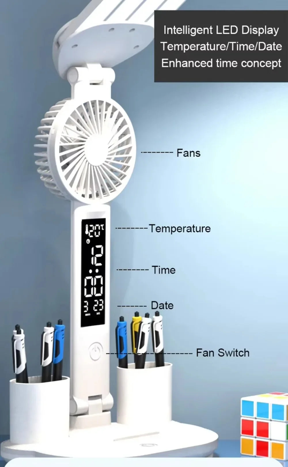 Multifunctional 3 Color LED Desk Lamp with Clock Fan and USB Charging Four Headed Folding Design