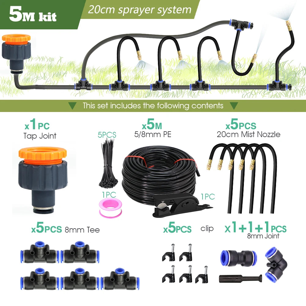 30M to 5M DIY Universal Sprayer Kit with 8mm Hose for Patio Misting Cooling System and Garden Plant Irrigation