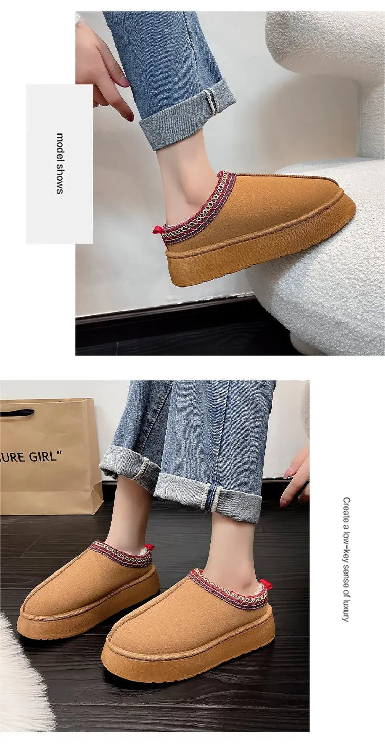 Women's Wool Slippers Warm Sheepskin Platform Shoes 2024