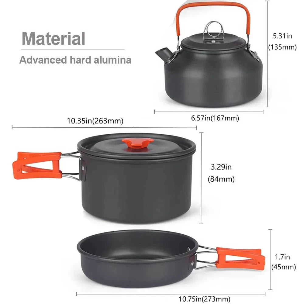 Camping Cookware Set for 2 to 3 People with Non-Stick Pots and Teapot Kit