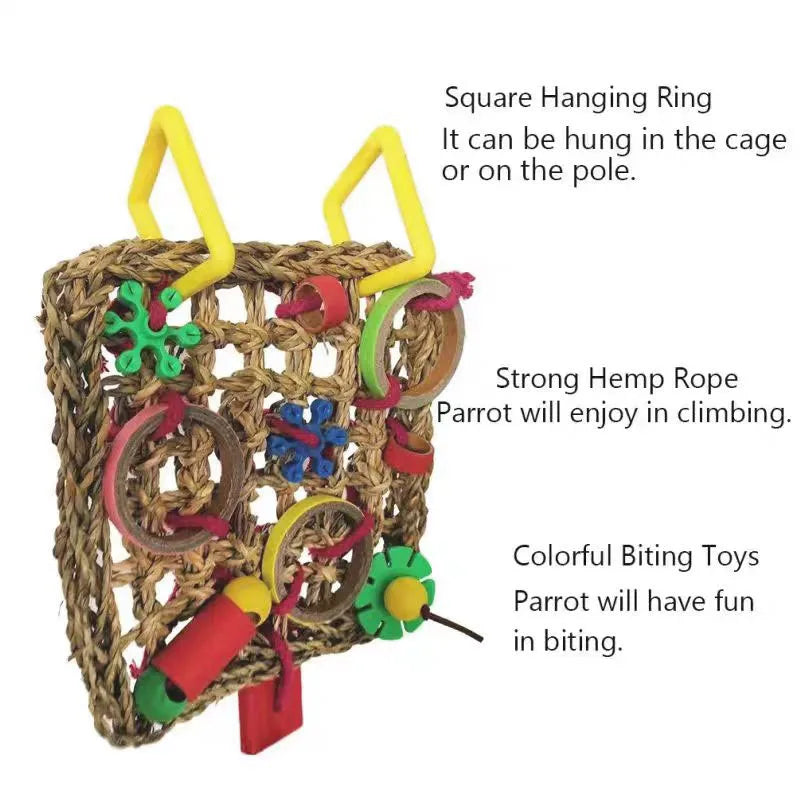 Parrot Bird Toys Foraging Wall Edible Seagrass Woven Climbing net Mat with Colorful Chewing Toys for Parakeet Bird Hanging Cage