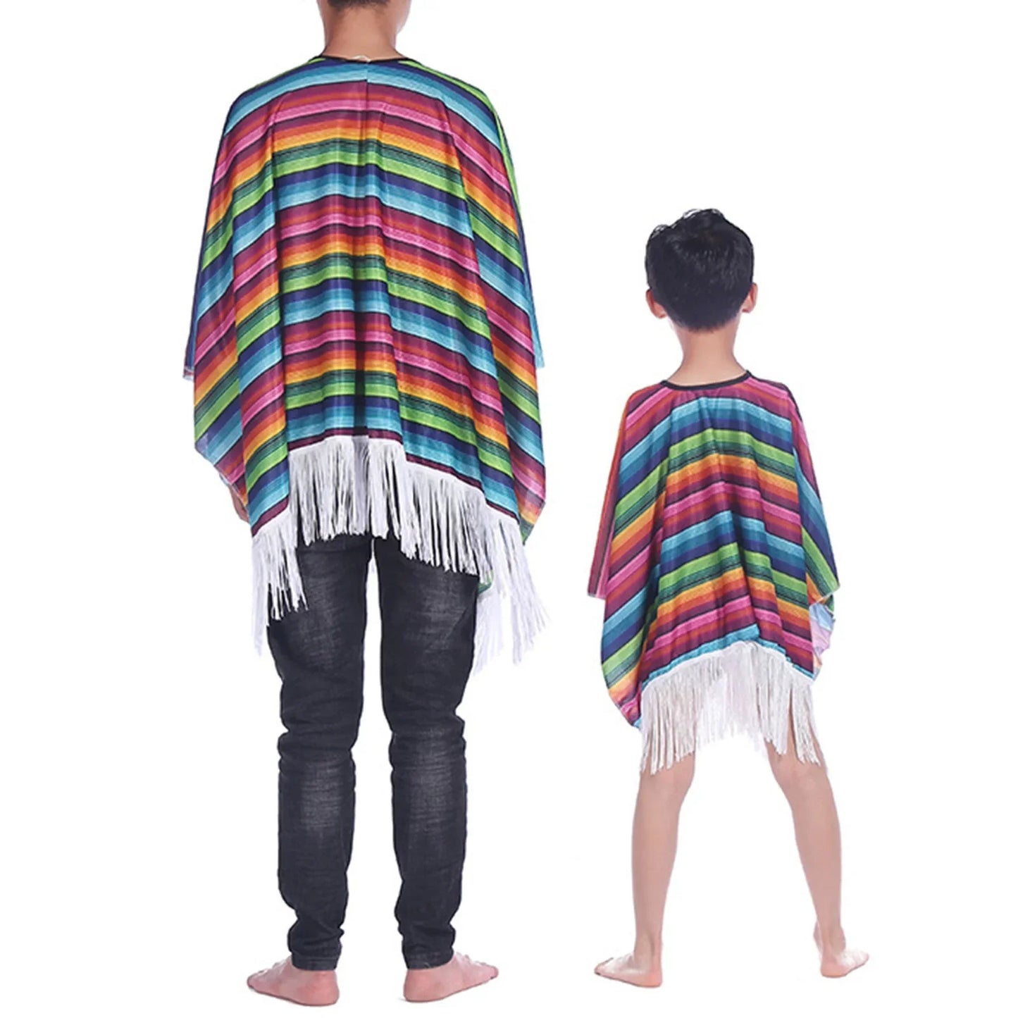 Mexican Party Costume for Kids and Adults with Colorful Cloak Wide Brimmed Sombrero
