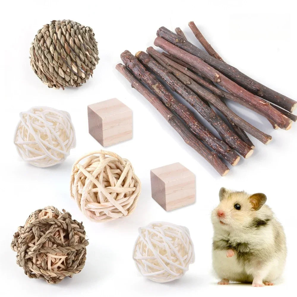 Natural Small Pet Chew Toys for Rabbit, Guinea Pig, Hamster Grass Balls Wood Hanging Toys, Teeth Grinding & Boredom Relief