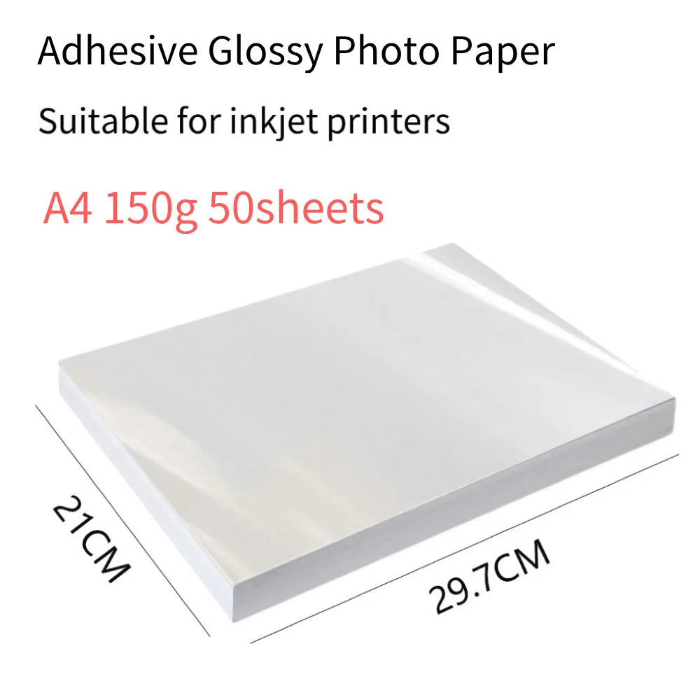 Adhesive Glossy Photo Paper A4 50 Sheets Waterproof Inkjet Printing Paper for DIY Stickers and Custom Labels