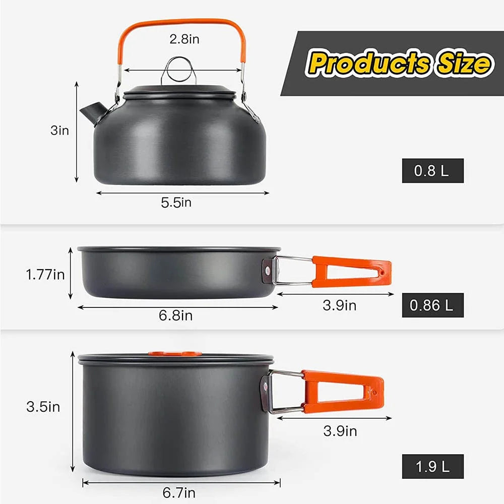 Camping Cookware Set for 2 to 3 People with Non-Stick Pots and Teapot Kit