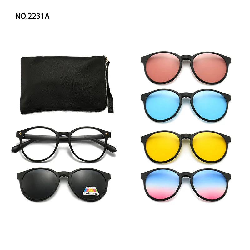 6 In 1 Spectacle Frame Men Women with Clip On Polarized Sunglasses