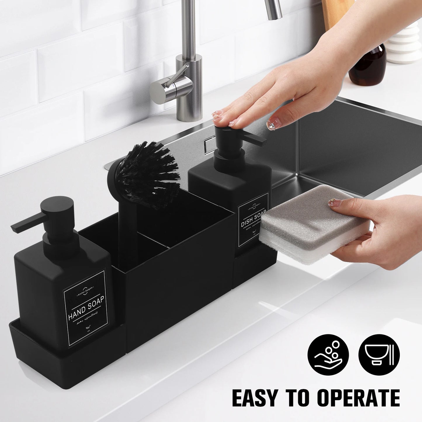 Matte Black Kitchen Soap Dispenser and Sponge Holder Set for Sink Caddy with Hand Soap and Dish Soap Storage