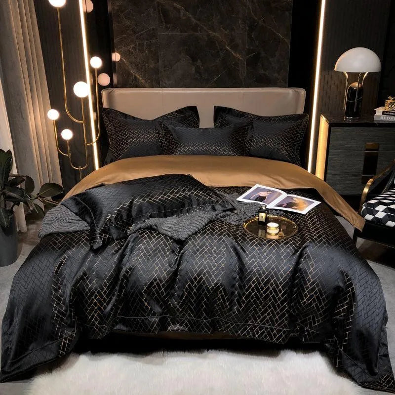 4/6Pcs Luxury Black Gold Jacquard Egyptian Cotton Duvet Set