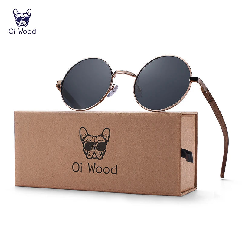 Oi Wood Retro Round Sunglasses For Men Women Polarized Blue Mirror Eyewear 8024