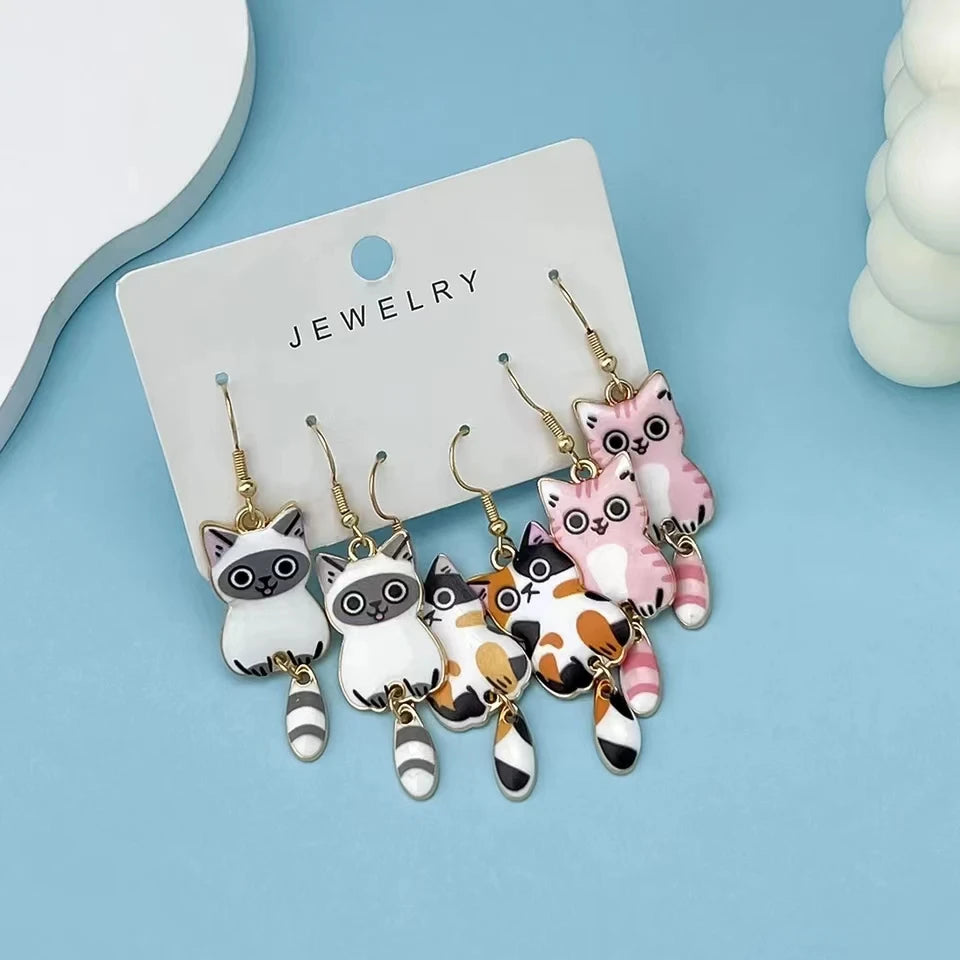 3 Pairs Fun Cute Enamel Alloy Cat Dangle Earrings Set Gift