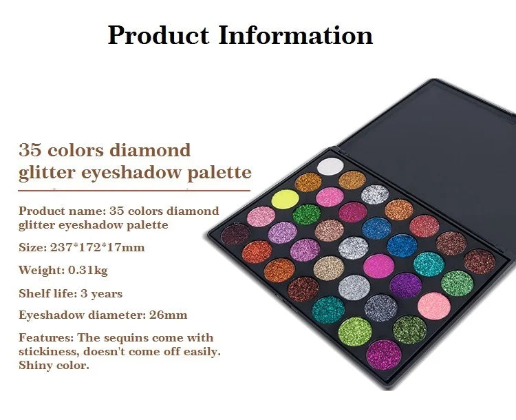 35 Color Diamond Sequin Eyeshadow Palette High Pigment Shimmer Glitter and Satin Long Lasting Waterproof Makeup