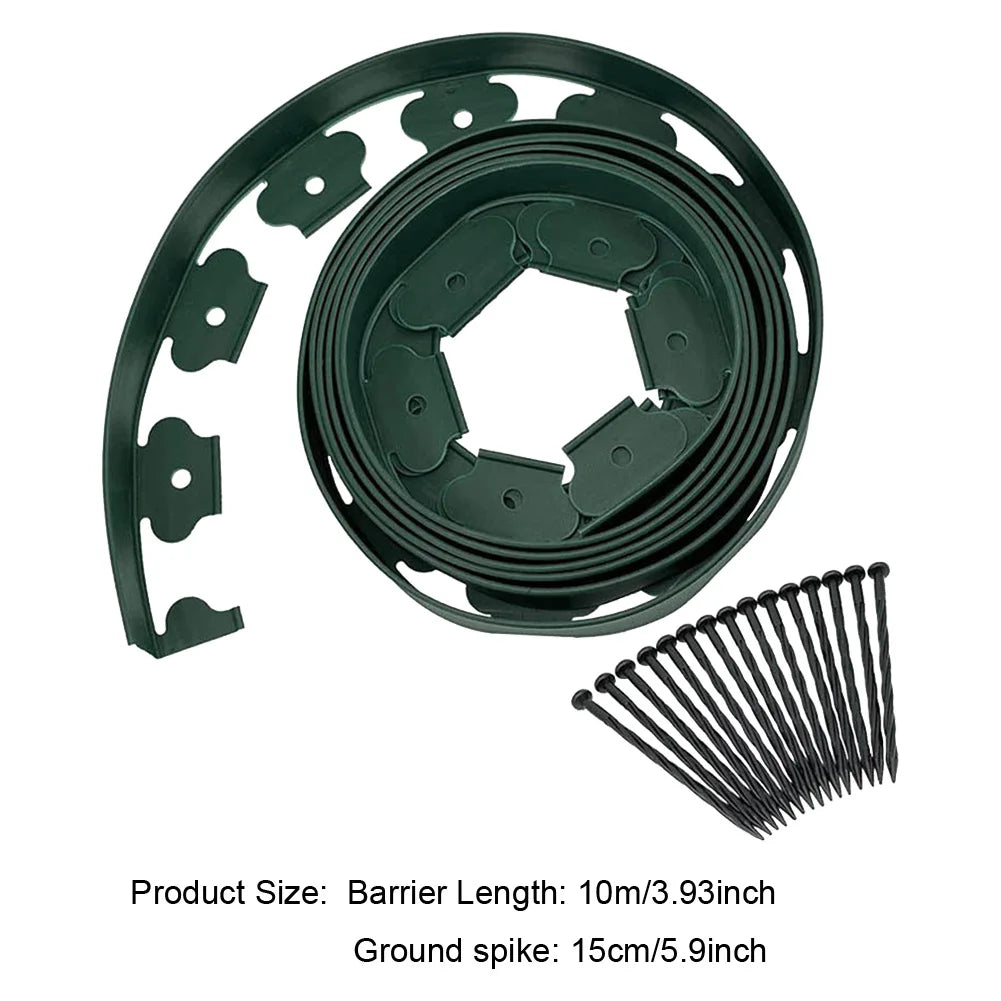 10M Plastic Garden Edging Border Kit with 30 Anchoring Spikes for Easy Installation and Durable Landscape Design