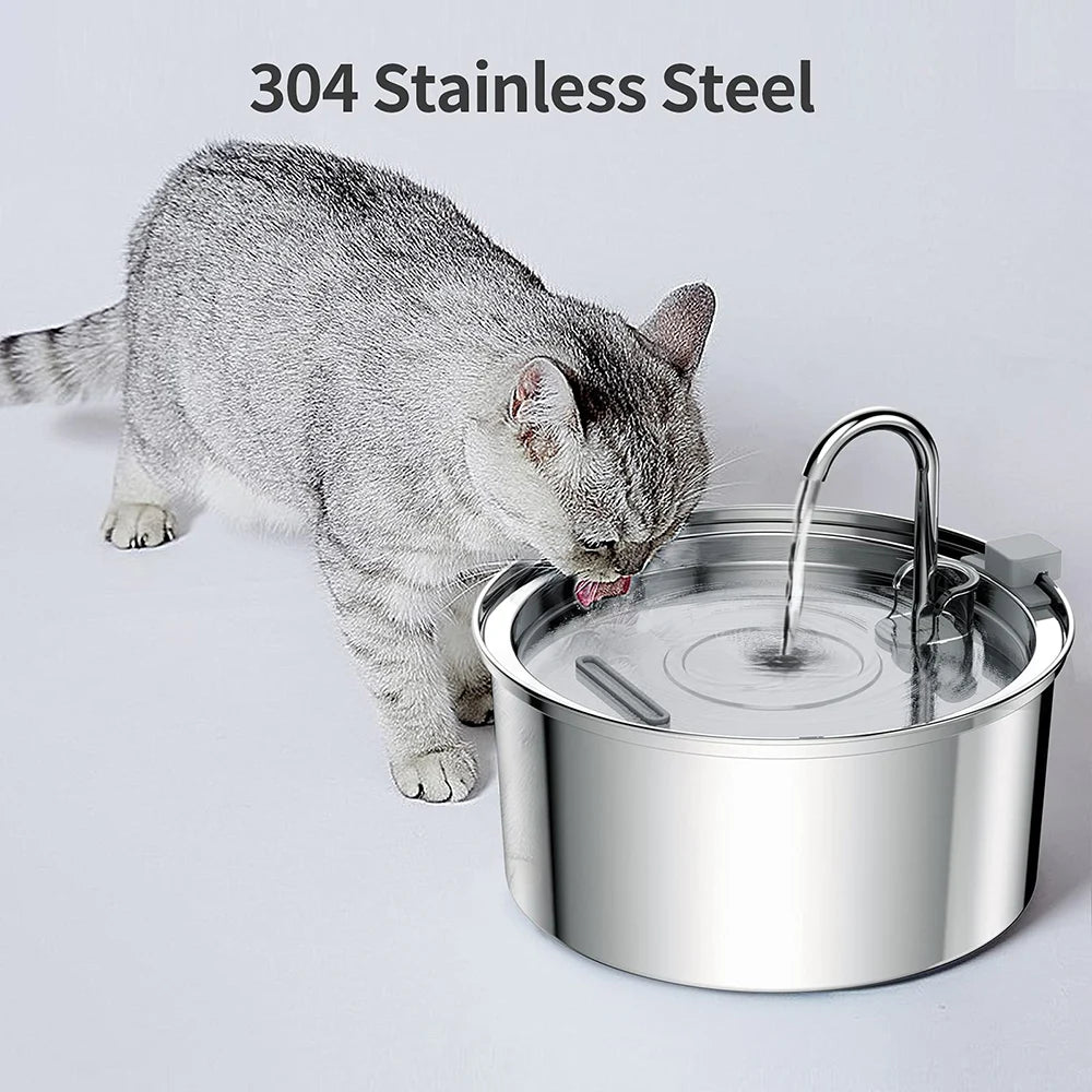 Stainless Steel Pet Water Feeder Cat Automatic Fountain USB Mute Filter Bowl
