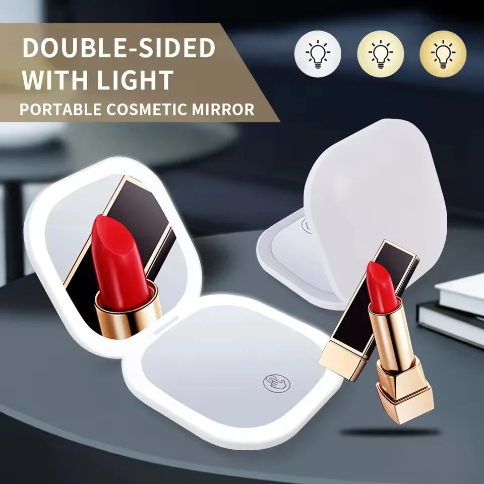 Double-Sided LED Makeup Mirror with 5X Magnification and Three Color Modes Compact Portable Design