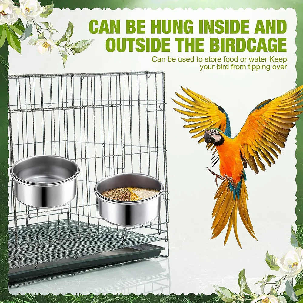 Stainless Steel Bird Bowls Safe Cage Hanging Feeder Bowl Parrot Rabbit Hamster Food Water Feeding Bowl Pet Cage Accessories
