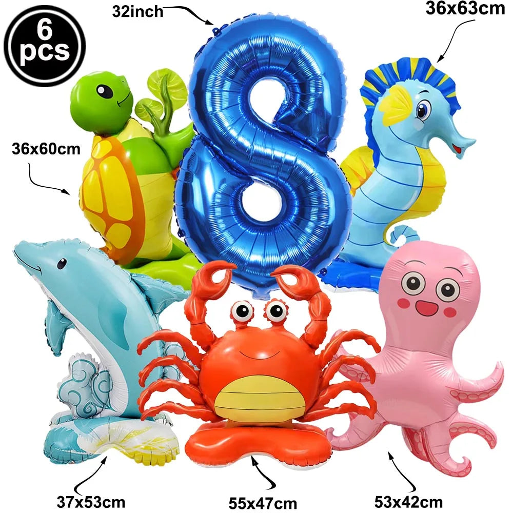 4th Birthday Sea Animal Decoration Blue Foil Balloon 32inch