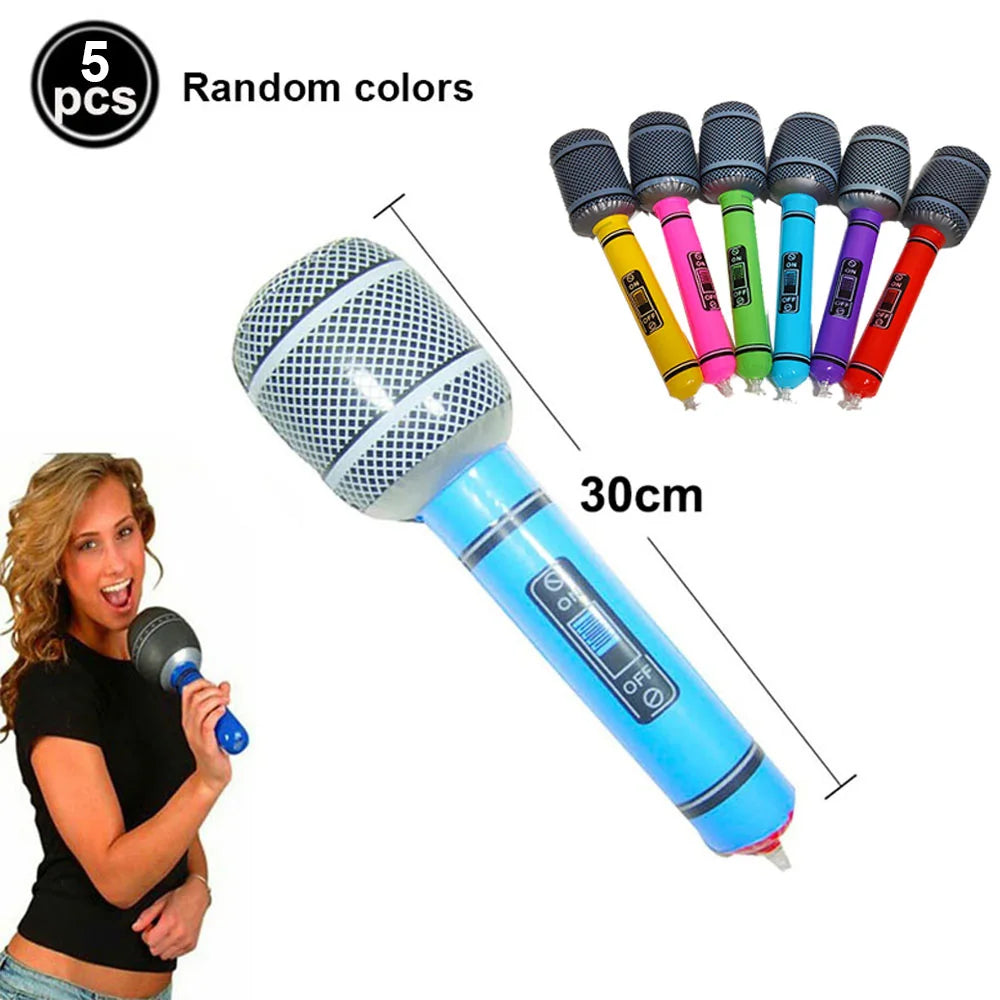 5 Piece PVC Musical Instrument Inflatable Balloon Set with Guitar and Microphone for Kids Birthday and Retro Party Decorations