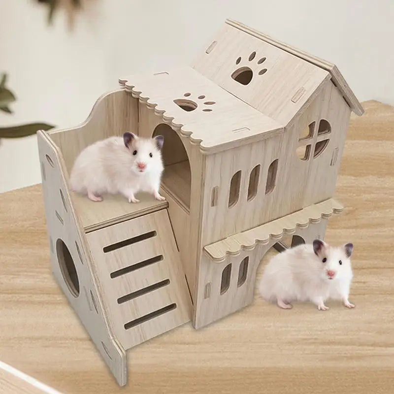 Large Hamster House Double-decker Gerbil Hut With Ladder Large Wooden Small Animals Pets Exploring Toys For Chinchilla