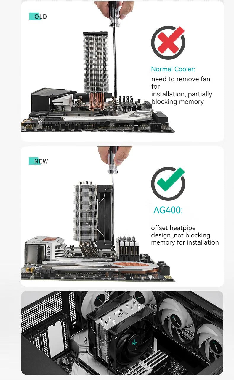 DEEPCOOL AG400 CPU Air-Cooling Radiator 4 Heat Pipes Dual Fan 2000RPM for Intel LGA1700 1200 115X AMD AM4