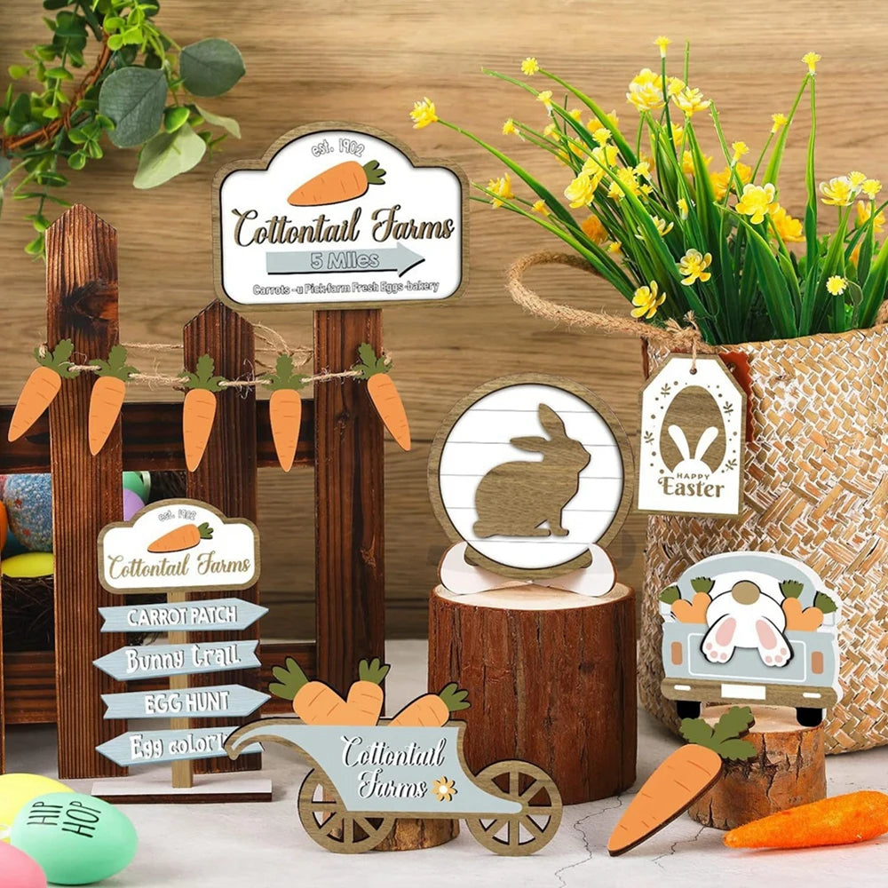 Easter Bunny Carrots Wooden Tiered Tray Decorations Set for Happy Easter Day Table Centerpiece
