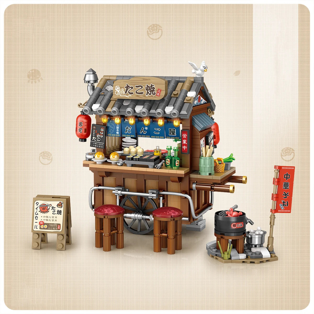 Street View Mini Building Blocks Gift Set – Izakaya Shaved Ice Shop, Takoyaki Shop, Coffee Shop and Panda Tea House