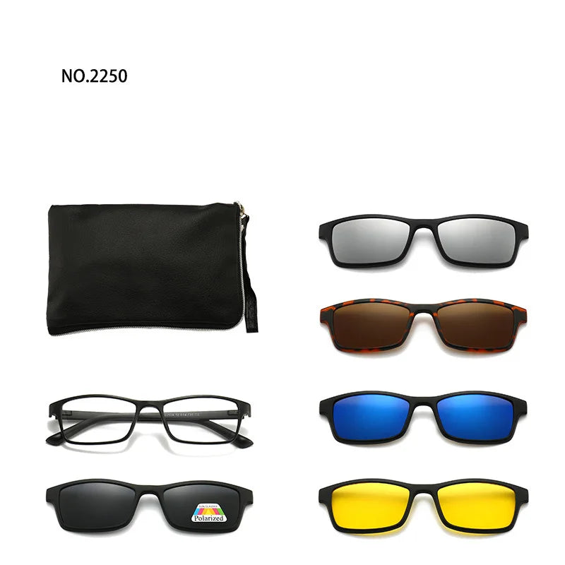 6 In 1 Spectacle Frame Men Women with Clip On Polarized Sunglasses