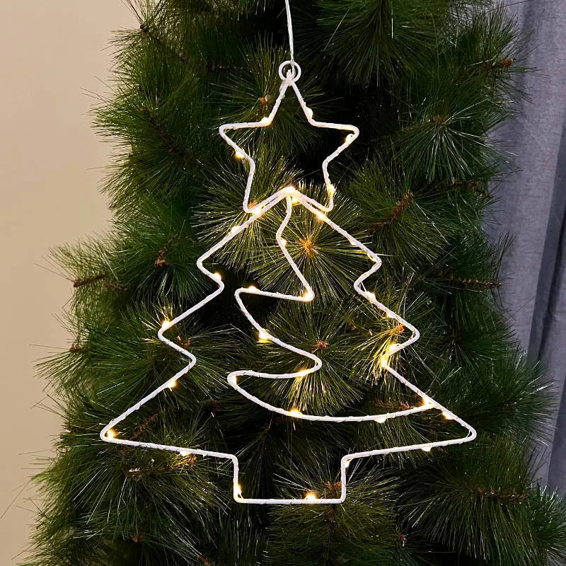 Xmas Tree Iron Frame LED Light String Window Hanging Ornament for 2024 Christmas and 2025 New Year Home Decoration