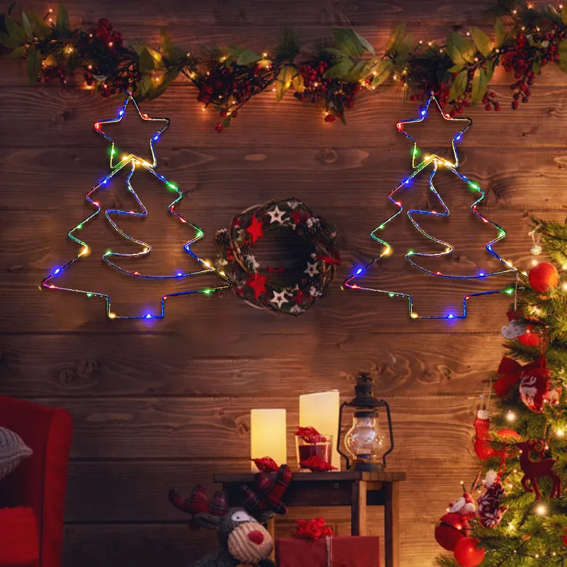Xmas Tree Iron Frame LED Light String Window Hanging Ornament for 2024 Christmas and 2025 New Year Home Decoration