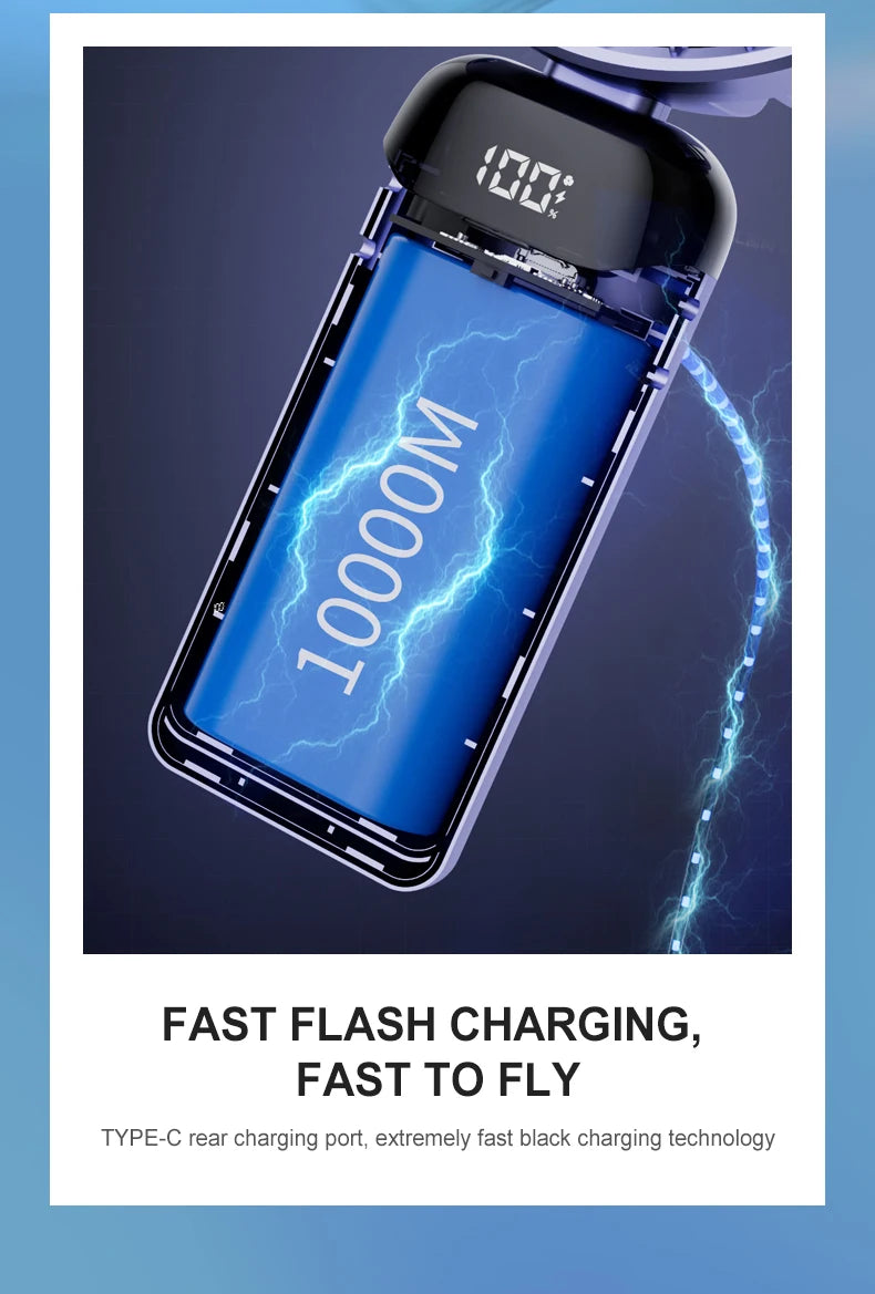 USB Handheld Mini Fan Foldable Portable Neck Hanging Fan 5 Speed Rechargeable with Phone Stand and Display Screen