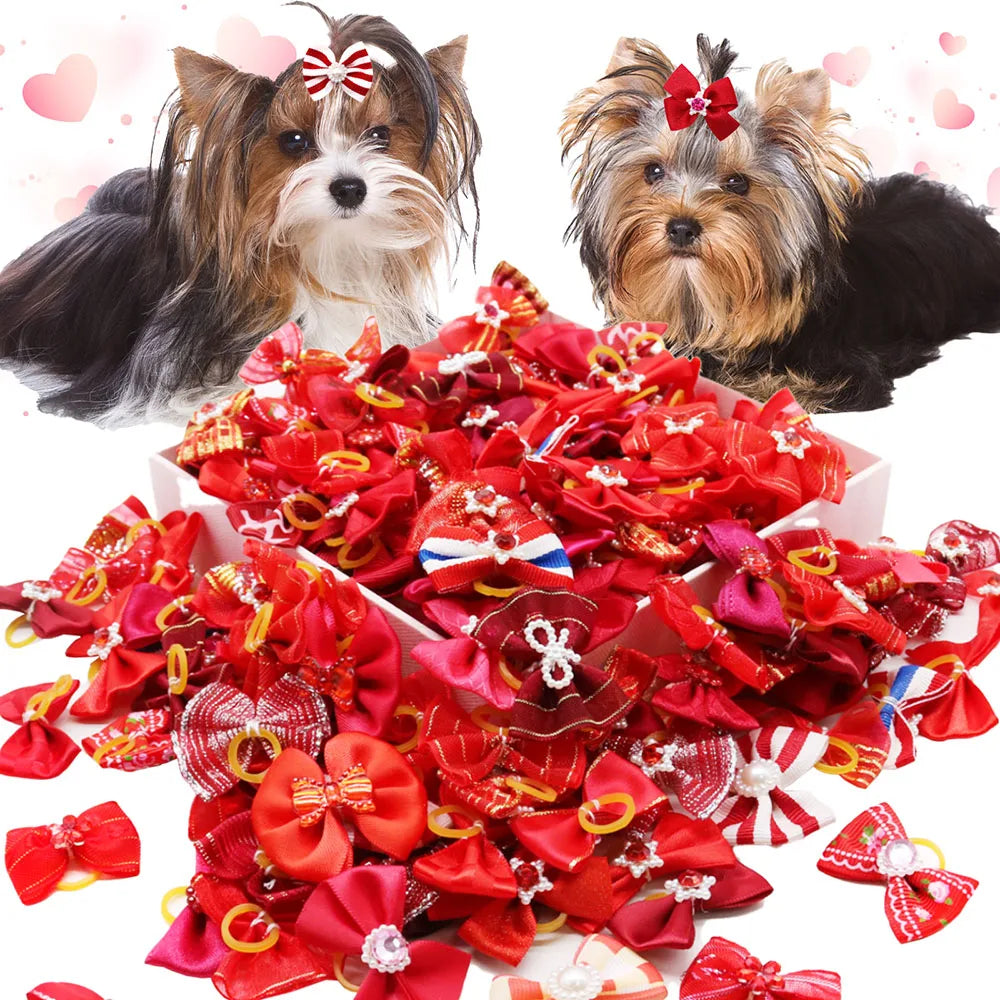 10/20PCS Diamond Puppy Bows Multi Style Dog Bows With Rubber Bands Pet Hair Accessories For Dogs Handmade Dog Hair Bows Supplies