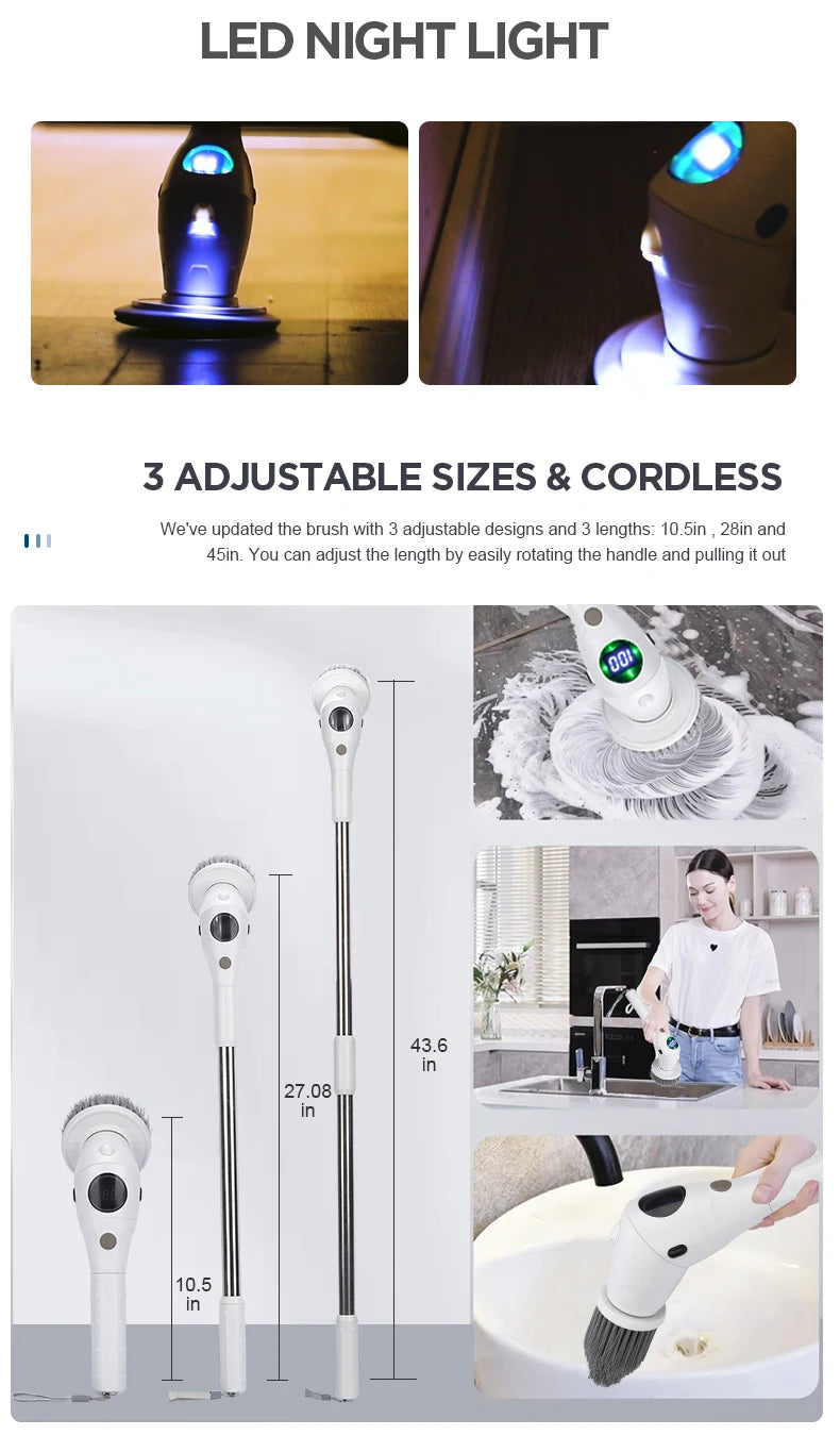8 in 1 Electric Cleaning Brush with LED Night Light Rotatable Multifunctional Household Tool for Bathroom and Kitchen Cleaning
